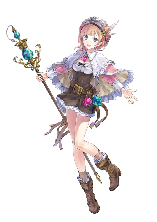 kishida mel, rorolina frixell, atelier (series), atelier rorona, atelier totori, gust, official art, 1girl, brown dress, dress, female focus, legs, solo, staff, white background