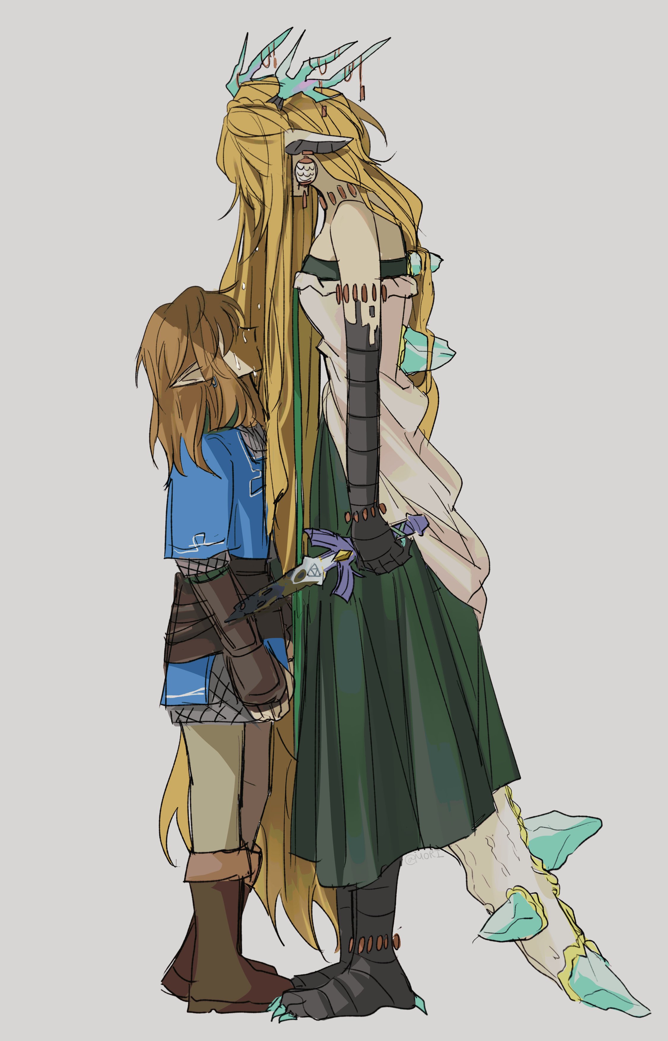 mori (vvmorivv), light dragon (zelda), link, monster arm, the legend of zelda, the legend of zelda: tears of the kingdom, tagme, 1boy, 1girl, size difference, tears