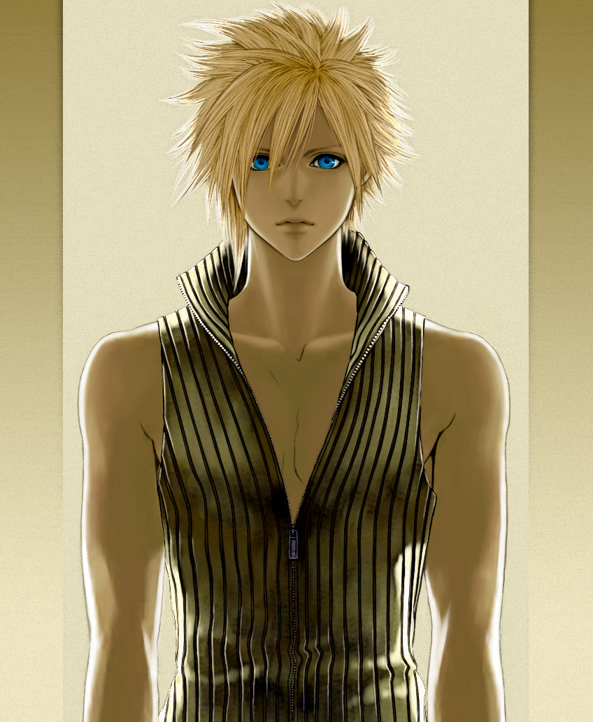 cs-zero, cloud strife, final fantasy, final fantasy vii, bad id, bad pixiv id, 1990s (style), 1boy, bare shoulders, blonde hair, blue eyes, male focus, short hair, solo, spiked hair, vest, zipper