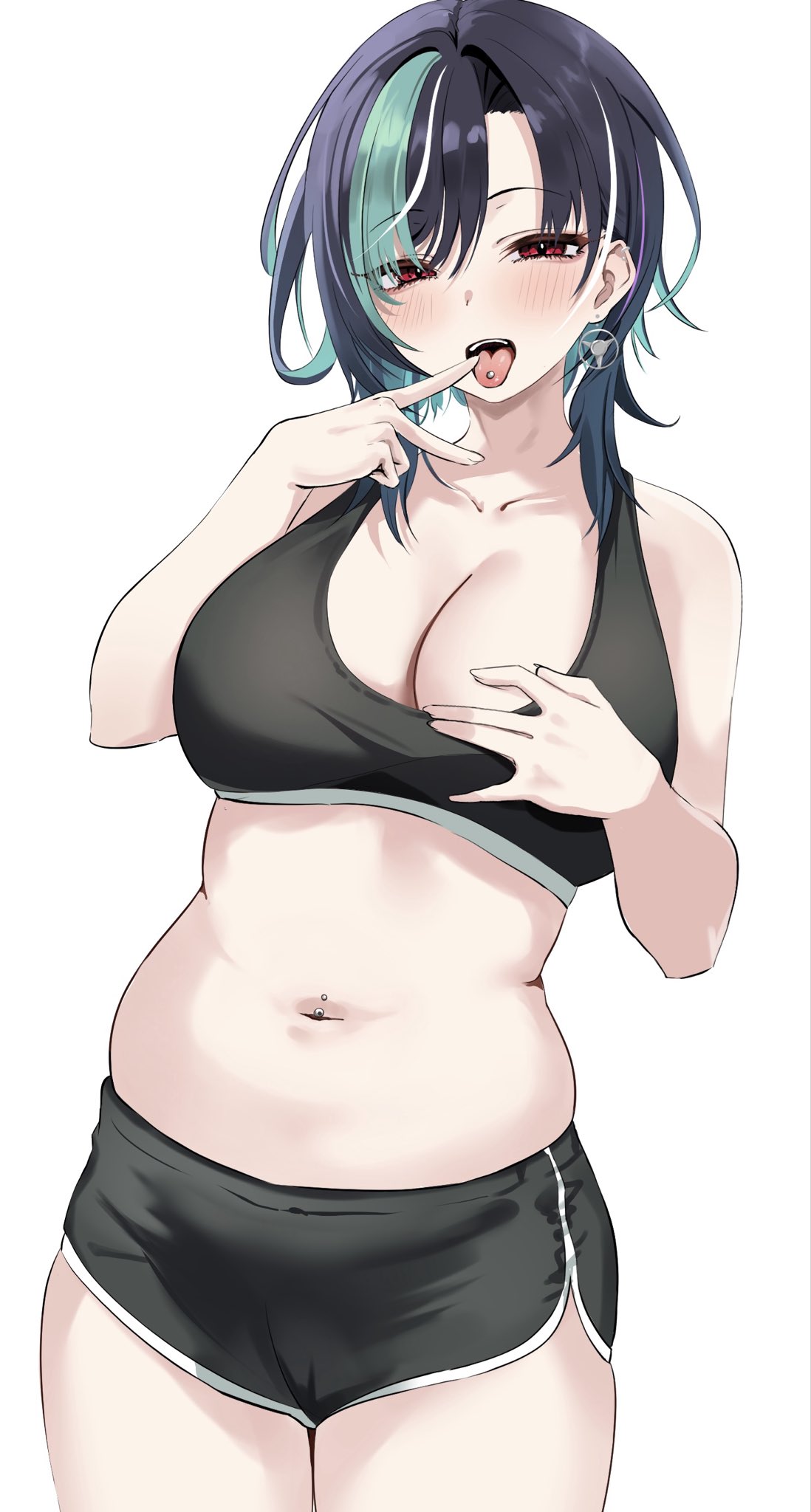 kinkikids753, rindo chihaya, hololive, hololive dev is, highres, 1girl, black hair, black shorts, black sports bra, blush, breasts, cleavage, earrings, green hair, gym shorts, hand on own chest, hand to own mouth, jewelry, large breasts, midriff, muffin top, multicolored hair, navel, navel piercing, open mouth, piercing, plump, purple hair, red eyes, short hair, short shorts, shorts, solo, sports bra, standing, steering wheel, tongue, tongue out, tongue piercing, v, v over mouth, virtual youtuber, white background, white hair, wolf cut