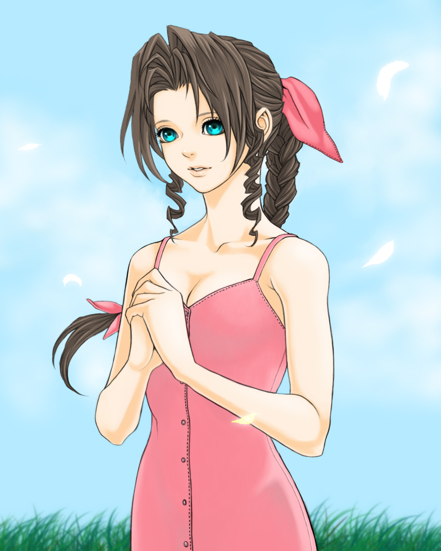 cs-zero, aerith gainsborough, final fantasy, final fantasy vii, bad id, bad pixiv id, 1990s (style), 1girl, aqua eyes, bandana, bare shoulders, bow, braid, day, dress, feathers, female focus, grass, outdoors, pink bow, pink dress, ponytail, retro artstyle, single braid, sky, solo