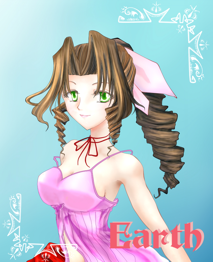 maboroshi, pinkrojar, aerith gainsborough, final fantasy, final fantasy vii, bad id, bad pixiv id, 1990s (style), 1girl, bare shoulders, bow, brown hair, character name, chemise, cropped jacket, drill hair, female focus, green eyes, pink bow, ponytail, retro artstyle, solo, strap slip
