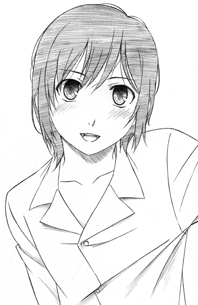 sawa jaaji, takatsuki yoshino, hourou musuko, traditional media, 1girl, androgynous, female focus, greyscale, monochrome, reverse trap, short hair, smile, solo, tomboy