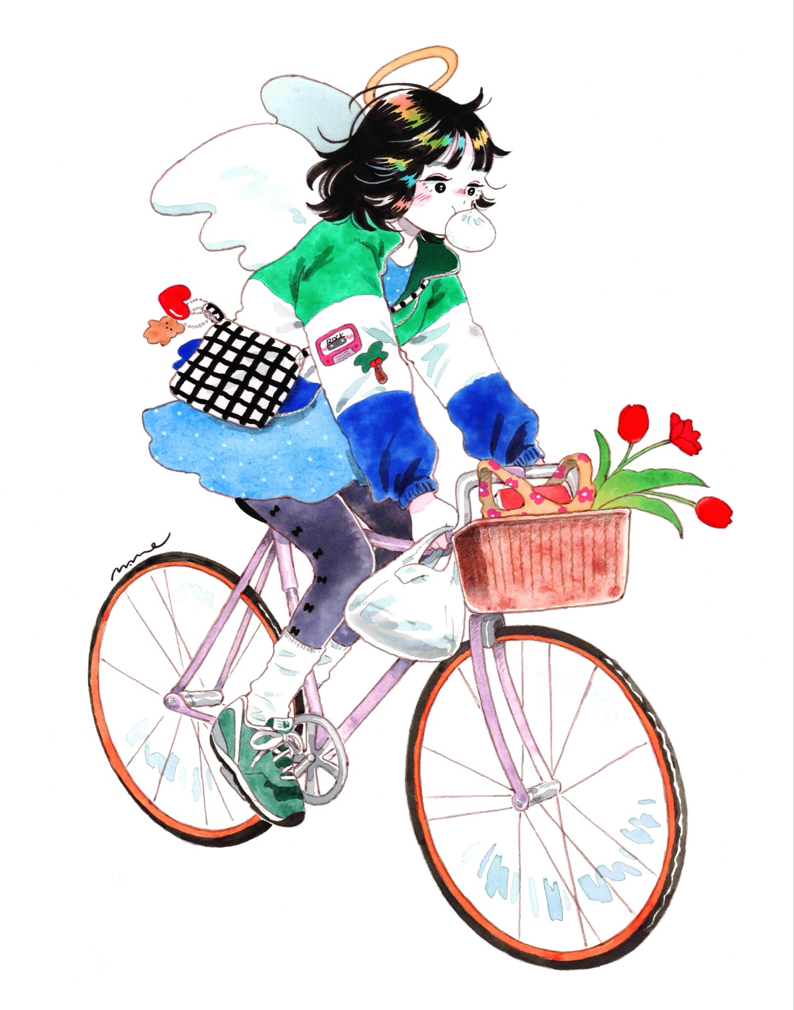 emamemamo33, original, commentary, highres, traditional media, 1girl, angel, angel wings, bag, bicycle, bicycle basket, black eyes, black hair, blowing bubble gum, blush, chewing gum, colored skin, flower, from side, full body, green shoes, halo, holding handlebar, iridescent hair, jacket, long sleeves, medium hair, multicolored jacket, pantyhose, riding, riding bicycle, road bicycle, rose, shirt, shoes, shopping bag, simple background, skirt, sneakers, socks, solo, sweater, white background, white skin, wings