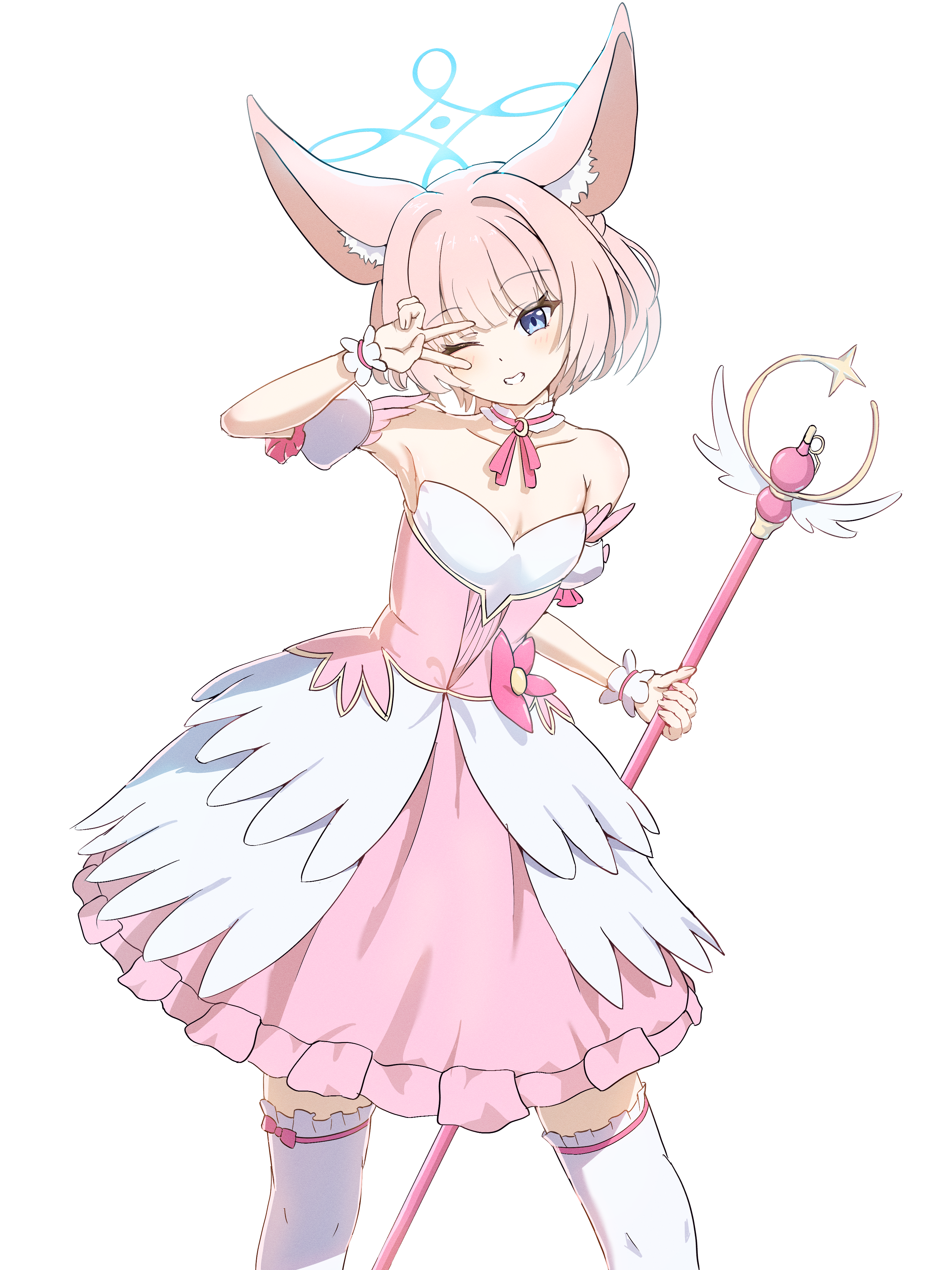 niko (blue archive), suzumi (blue archive), suzumi (magical) (blue archive), blue archive, absurdres, commentary request, highres, 1girl, ;d, animal ear fluff, animal ears, armpits, bare shoulders, blue eyes, blue halo, blunt bangs, blush, bow, bow legwear, breasts, cleavage, collarbone, cosplay, cowboy shot, detached sleeves, dress, fox ears, fox girl, frilled dress, frilled sleeves, frilled thighhighs, frilled wrist cuffs, frills, grin, halo, hand up, happy, head tilt, holding, holding wand, looking at viewer, magical girl, neck ribbon, one eye closed, open mouth, pink bow, pink dress, pink hair, pink ribbon, puffy short sleeves, puffy sleeves, ribbon, short hair, short sleeves, simple background, small breasts, smile, solo, strapless, strapless dress, sugeryamadori, suzumi (blue archive) (cosplay), thighhighs, two-tone dress, v, v over eye, wand, white background, white dress, white thighhighs, wrist cuffs, zettai ryouiki