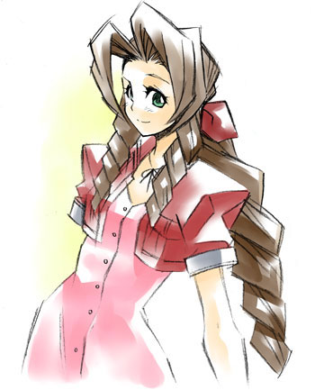 yabu, aerith gainsborough, final fantasy, final fantasy vii, bad id, bad pixiv id, lowres, 1990s (style), 1girl, brown hair, dress, drill hair, female focus, green eyes, pink dress, ponytail, retro artstyle, solo