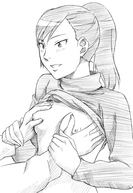 sawa jaaji, sarashina chizuru, hourou musuko, traditional media, 1girl, blush, breasts, clothes lift, grabbing another's breast, greyscale, groping, guided breast grab, guiding hand, loli, monochrome, nipples, shirt lift, small breasts, smile, solo focus