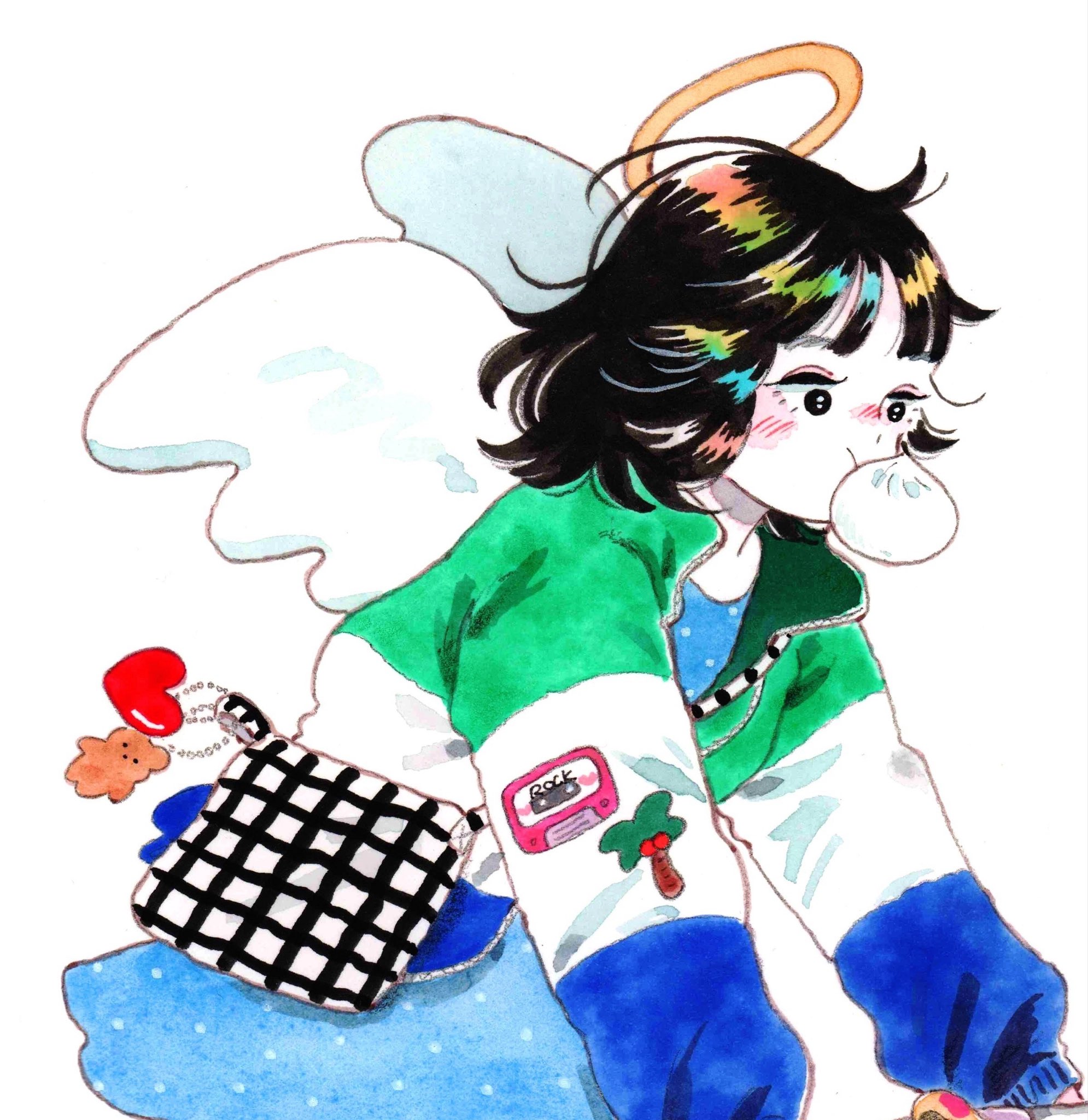 emamemamo33, original, commentary, highres, traditional media, 1girl, angel, angel wings, bag, bear, black eyes, black hair, blowing bubble gum, blush, charm (object), chewing gum, colored skin, from side, halo, heart, iridescent hair, jacket, long sleeves, medium hair, multicolored jacket, shirt, shoes, simple background, skirt, sneakers, socks, solo, white background, white skin, wings