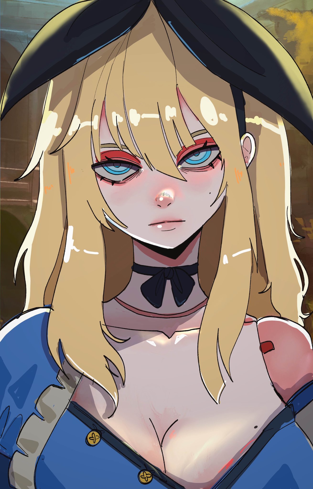 basedbinkie, alice (alice in wonderland), alice's adventures in wonderland, check copyright, copyright request, highres, 1girl, blonde hair, blue eyes, breasts, cleavage, close-up, dress, expressionless, eyeshadow, long hair, looking at viewer, makeup, ribbon, solo