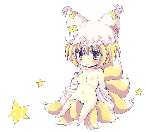 matsusaka gyuu, yakumo ran, touhou, bad id, bad pixiv id, lowres, 1girl, between legs, blonde hair, breasts, chibi, female focus, fox tail, hat, multiple tails, navel, nipples, nude, pussy, short hair, small breasts, solo, tail, tail between legs, yellow eyes