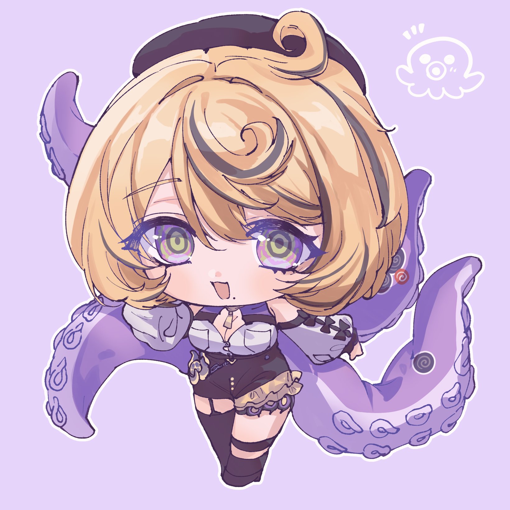 yidhari murphy, zenless zone zero, commentary, highres, symbol-only commentary, 1girl, accessories, ankle strap, asymmetrical shorts, bare shoulders, big head, black bow, black hat, black shoes, blonde hair, bow, breasts, chibi, chibi only, cleavage, detached sleeves, full body, garter straps, hair between eyes, hat, high-waist shorts, legs together, looking at viewer, mole, mole under mouth, monster girl, notice lines, open mouth, purple background, purple eyes, ringed eyes, scylla, shirt, shoes, short hair, shorts, single garter strap, single thighhigh, solo, squid, sticker, suction cups, tentacle girl, tentacle tail, tentacles, thighhighs, uq8ogapovn38885, white shirt, white sleeves