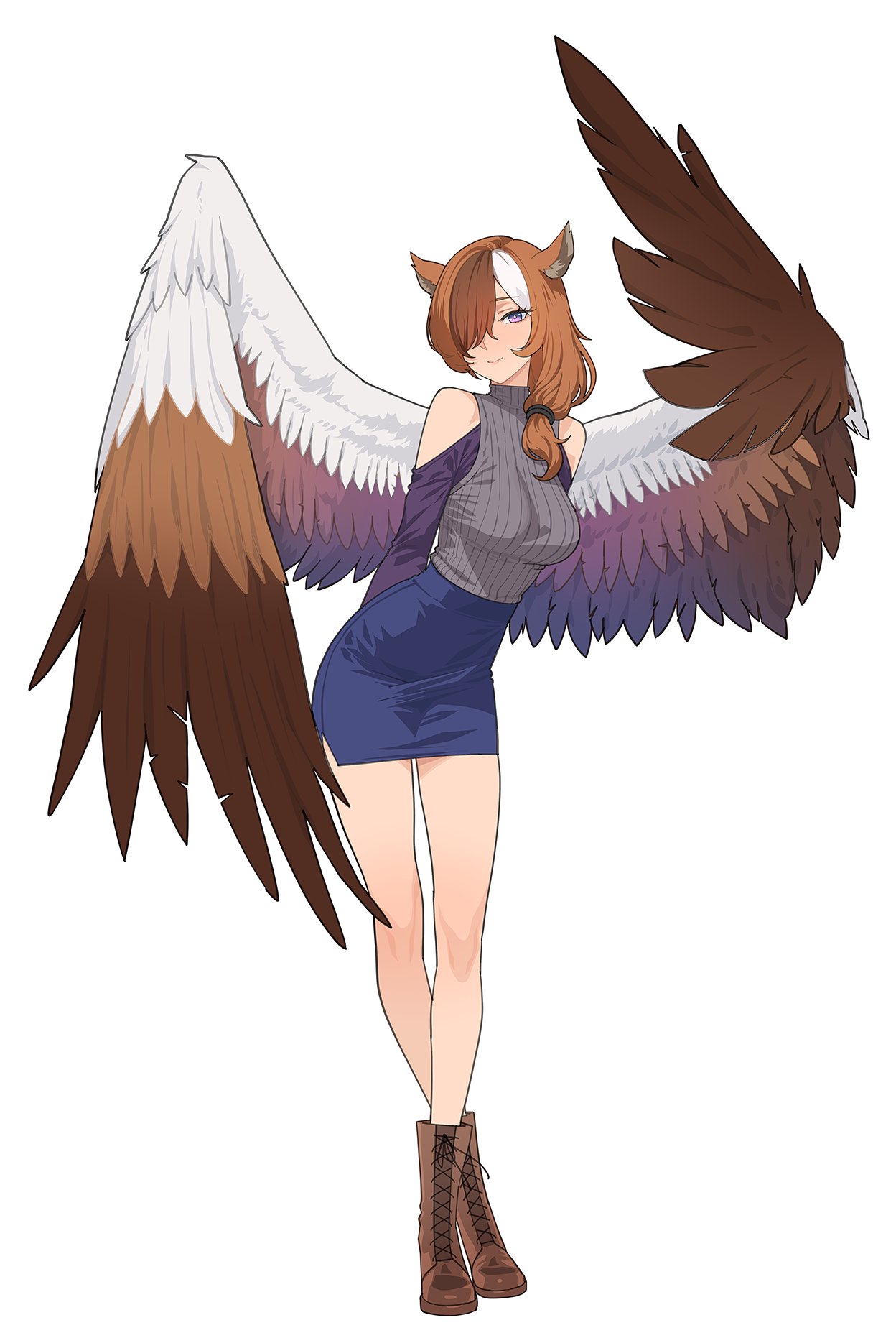 kuso otoko, original, commentary, commission, english commentary, highres, 1girl, animal ears, bird girl, blue skirt, boots, breasts, brown boots, feathered wings, medium breasts, miniskirt, multicolored hair, owl ears, owl girl, pencil skirt, purple eyes, purple shirt, shirt, side ponytail, simple background, skirt, sleeveless, sleeveless turtleneck, solo, turtleneck, white background, wings
