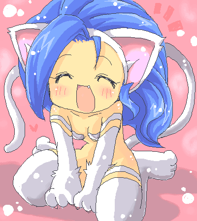 felicia (darkstalkers), capcom, darkstalkers, fur, lowres, animal ears, animal hands, blue eyes, blue hair, breasts, cat ears, cat tail, chibi, long hair, tail