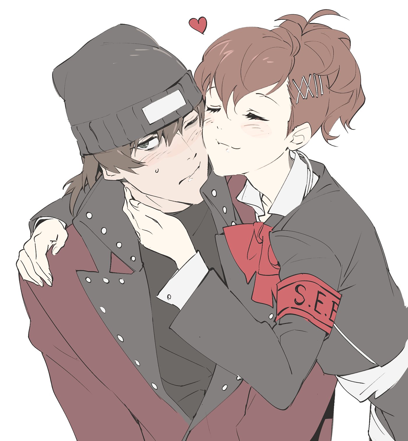 gomsuk4, aragaki shinjirou, shiomi kotone, persona, persona 3, persona 3 portable, commentary request, highres, korean commentary, 1boy, 1girl, armband, beanie, black eyes, black hat, black jacket, black shirt, blush, bow, brown hair, cheek-to-cheek, closed eyes, closed mouth, fingernails, gekkoukan high school uniform, hair between eyes, hair ornament, hairclip, hand on another's shoulder, hand up, hat, heads together, heart, hetero, jacket, lapels, leaning on person, long sleeves, looking to the side, red armband, red bow, red hair, red jacket, s.e.e.s, school uniform, shirt, simple background, smile, sweatdrop, upper body, white background