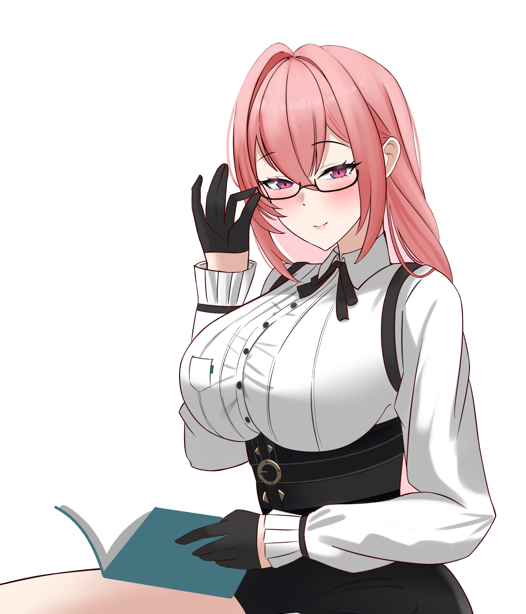 tsukishiro yanagi, zenless zone zero, highres, 1girl, adjusting eyewear, black gloves, black skirt, blush, book, breasts, glasses, gloves, hair between eyes, holding, holding book, large breasts, long hair, long sleeves, looking at viewer, onion fried20, pink eyes, pink hair, puffy long sleeves, puffy sleeves, shirt, sitting, skirt, smile, solo, thighs, white shirt