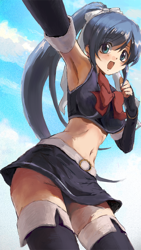 kajo, yuri (quiz magic academy), quiz magic academy, bad id, bad pixiv id, armpits, elbow gloves, from below, gloves, hair ribbon, midriff, miniskirt, navel, ponytail, ribbon, skirt, solo, thighhighs