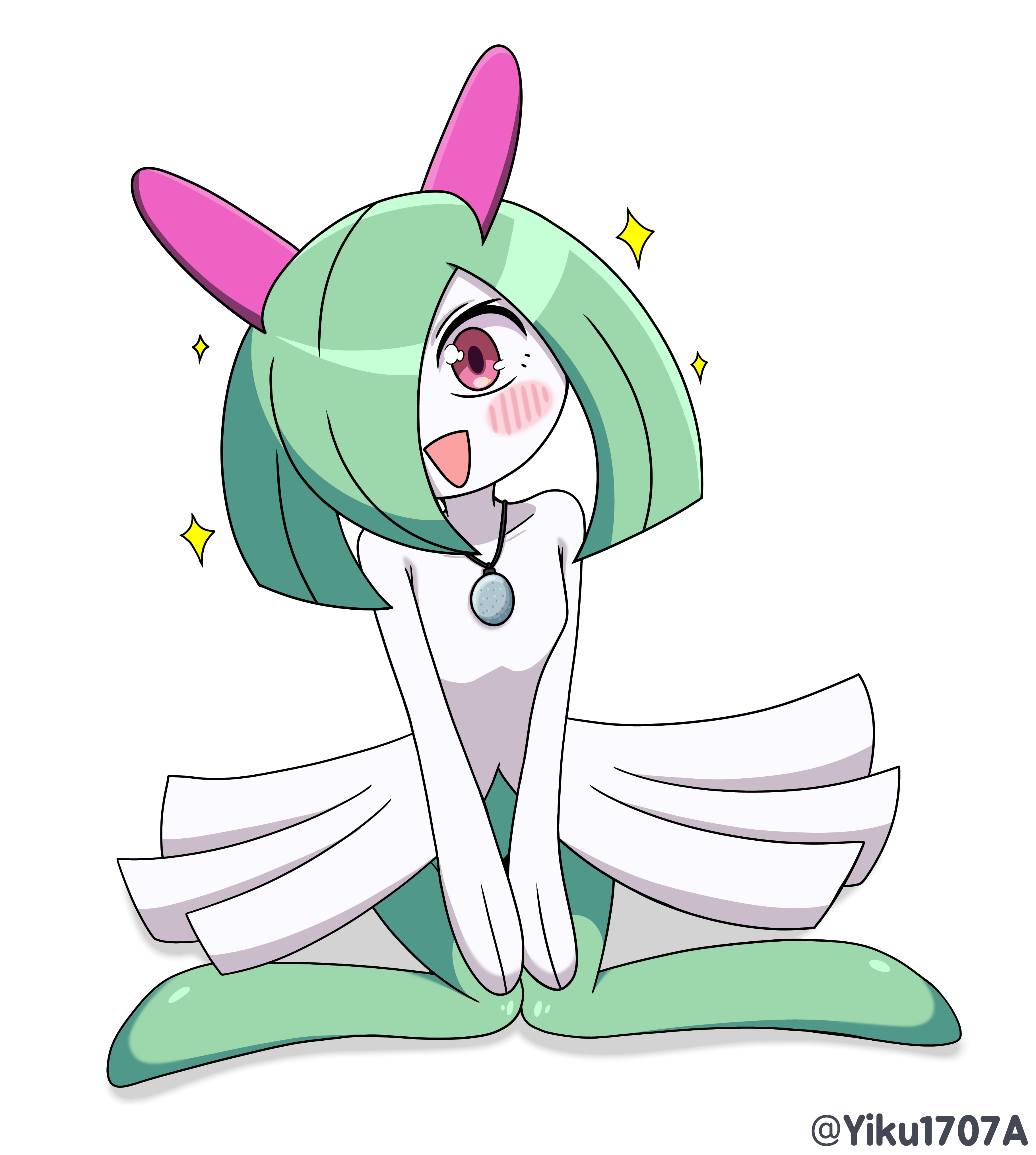 yiku1707, kirlia, nintendo, pokemon, absurdres, commentary, highres, :d, blush, full body, gen 3 pokemon, hands on own knees, happy, jewelry, open mouth, pendant, pokemon (creature), pokemon focus, red eyes, simple background, sitting, smile, solo, sparkle, twitter username, watermark, white background