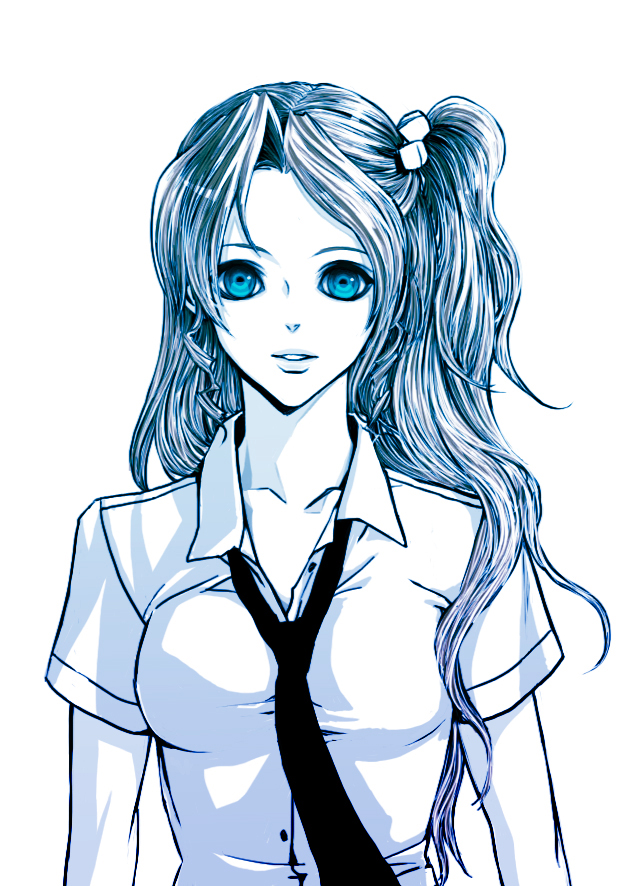 cs-zero, aerith gainsborough, final fantasy, final fantasy vii, bad id, bad pixiv id, 1990s (style), 1girl, aqua eyes, female focus, long hair, monochrome, necktie, retro artstyle, side ponytail, simple background, smile, solo, spot color, wavy hair, white background