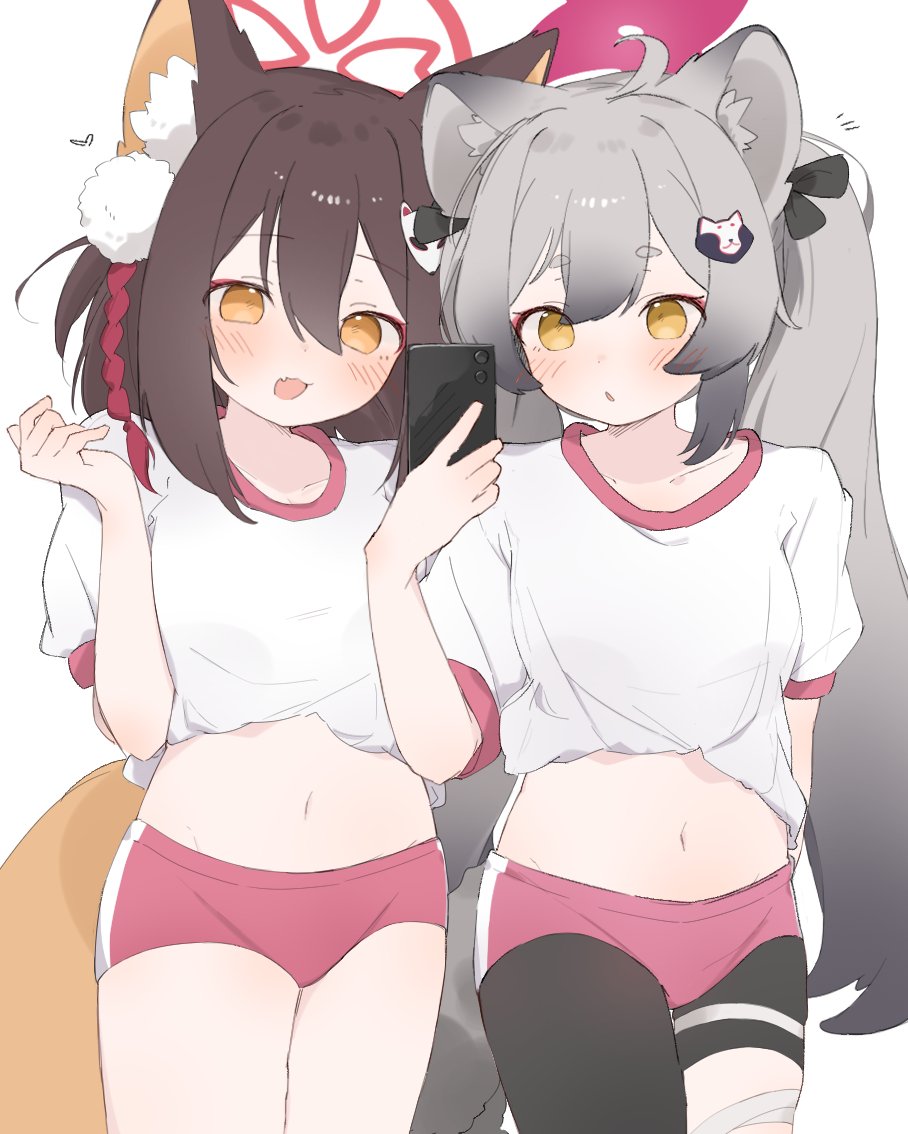 tntl nemui, izuna (blue archive), michiru (blue archive), blue archive, commentary, symbol-only commentary, 2girls, :3, :d, :o, ahoge, alternate costume, animal ear fluff, animal ears, asymmetrical legwear, bandaged leg, bandages, black bow, blush, bow, brown hair, cellphone, collarbone, colored inner animal ears, cowboy shot, cropped shirt, dot nose, eyeshadow, fang, fox ears, fox girl, fox hair ornament, fox tail, gradient hair, grey hair, hair between eyes, hair bow, hair ornament, halo, hand up, head tilt, heart, holding, holding phone, long hair, looking at viewer, makeup, medium hair, midriff, multicolored hair, multiple girls, navel, no pupils, open mouth, orange eyes, orange tail, parted lips, phone, pink eyeshadow, pink halo, pink shorts, pink trim, pom pom (clothes), pom pom hair ornament, raccoon ears, raccoon girl, raccoon tail, red halo, shirt, short shorts, short sleeves, shorts, sidelocks, simple background, skin fang, smartphone, smile, standing, t-shirt, tail, tassel, tassel hair ornament, thick eyebrows, thighs, twintails, very long hair, white background, white shirt, yellow eyes
