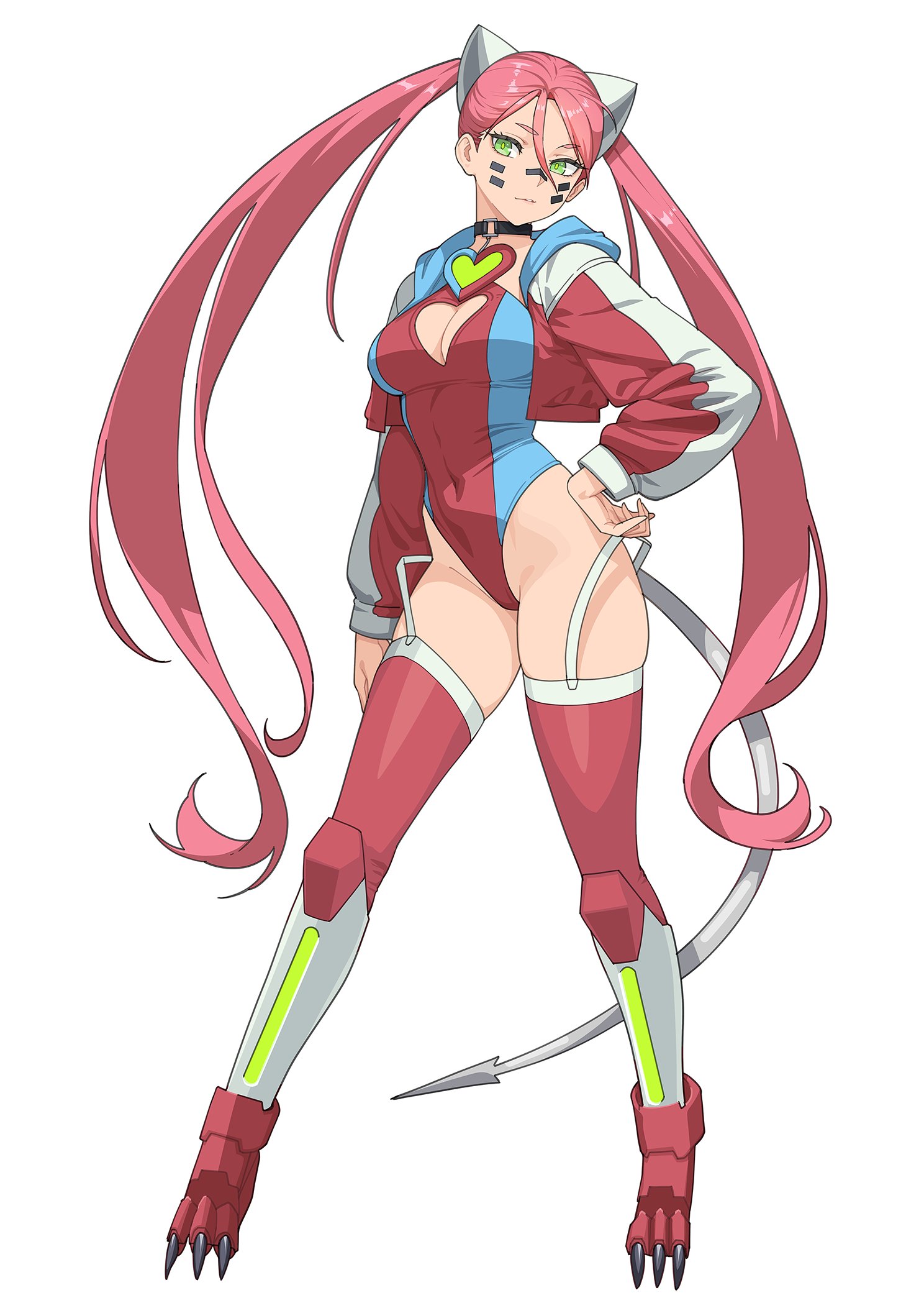 kuso otoko, original, commentary, commission, english commentary, highres, 1girl, animal ears, black choker, breasts, choker, clawed boots, claws, clothing cutout, fake animal ears, fake claws, hand on own hip, highleg, highleg leotard, jewelry, leotard, mechanical tail, medium breasts, pendant, pendant choker, pink hair, red thighhighs, smile, solo, tail, tape, thighhighs, twintails