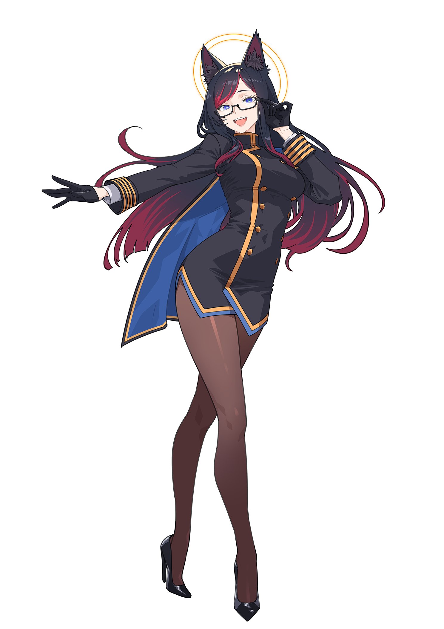 kuso otoko, original, commission, highres, 1girl, :d, adjusting eyewear, animal ears, black dress, black gloves, blue cape, blue eyes, brown pantyhose, buttons, cape, coat, coat dress, crossed legs, double-breasted, dress, glasses, gloves, gold trim, halo, high collar, high heels, long bangs, long hair, military uniform, morgana le fay (winterless), multicolored hair, open mouth, outstretched hand, pantyhose, parted hair, rectangular eyewear, shiny clothes, shiny footwear, shiny legwear, shirt, simple background, smile, solo, streaked hair, watson cross, white background, white shirt, wolf ears