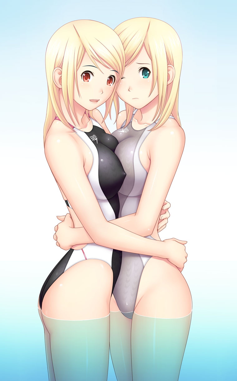 kuri (kurigohan), original, speedo (company), character request, highres, source request, 2girls, aqua eyes, ass, blonde hair, blush, breast press, breasts, competition swimsuit, covered erect nipples, cowboy shot, embarrassed, from side, frown, highleg, highleg one-piece swimsuit, hug, incest, large breasts, long hair, looking back, multiple girls, one-piece swimsuit, one eye closed, open mouth, own hands clasped, own hands together, red eyes, siblings, sisters, smile, submerged, swimsuit, symmetrical docking, twins, wading, water, wink, yuri