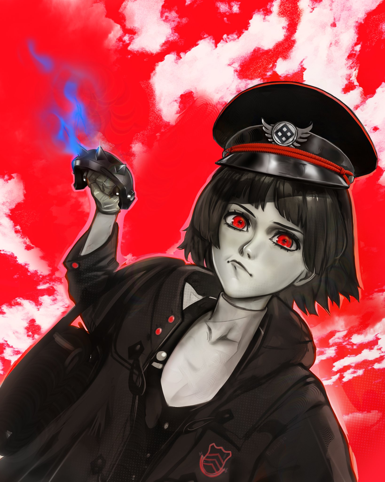 chapinor, niijima makoto, persona, persona 5, highres, black coat, blue fire, brass knuckles, coat, fire, frown, hat, imminent punch, looking at viewer, military hat, nose, red eyes, red sky, school uniform, shuujin academy school uniform, sky, solo, upper body, weapon