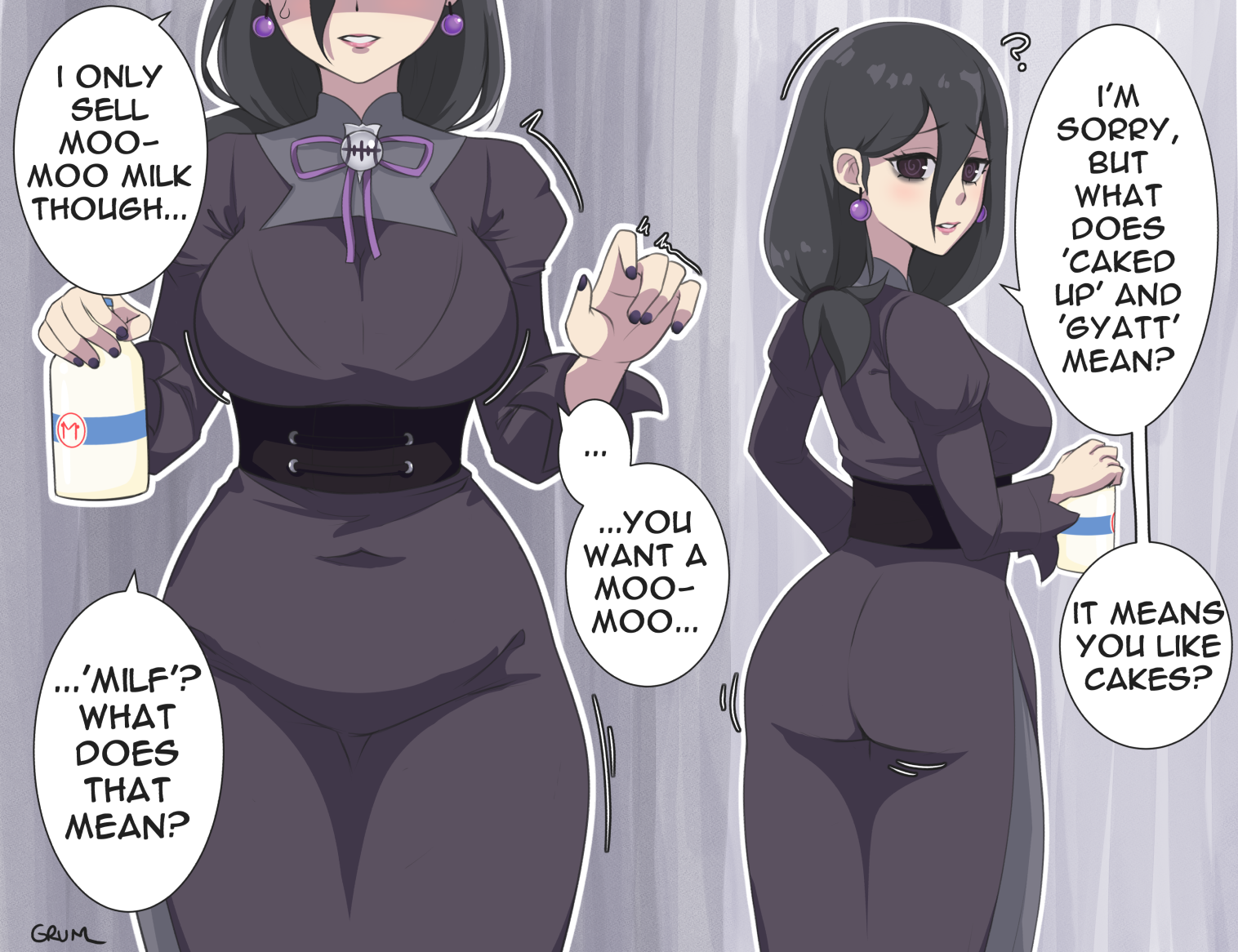 grumbler2393, hex maniac (pokemon), hex maniac (pokemon legends: z-a), nintendo, pokemon, pokemon legends: z-a, commentary, 1girl, ?, ass, black hair, black nails, bottle, breasts, dress, earrings, english text, hair between eyes, holding, holding bottle, jewelry, large breasts, long hair, looking back, mature female, milk bottle, moomoo milk, multiple views, nail polish, neck ribbon, outline, purple ribbon, raised inner eyebrows, ribbon, signature, solo, speech bubble, sweatdrop