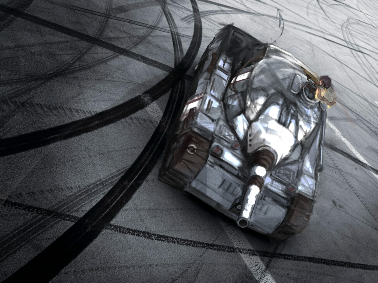 edelweiss (senjou no valkyria), isara gunther, senjou no valkyria, senjou no valkyria (series), senjou no valkyria 1, vehicle, 00s, 1girl, caterpillar tracks, female focus, from above, gun, military, military vehicle, motor vehicle, poncho, solo, tank, weapon