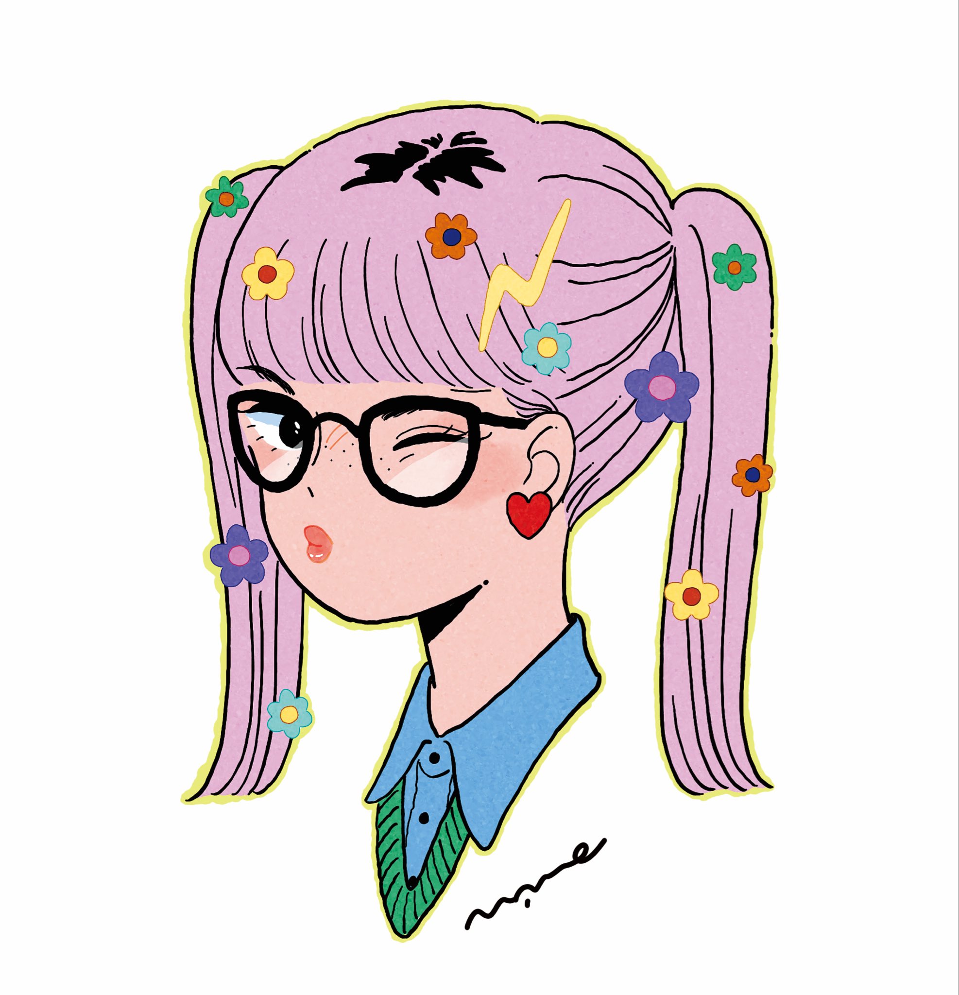 emamemamo33, original, commentary, highres, 1girl, black-framed eyewear, black eyes, blue shirt, blunt bangs, collared shirt, earrings, flower, freckles, hair behind ear, hair flower, hair ornament, heart, heart earrings, jewelry, lightning bolt, lightning bolt hair ornament, lightning bolt symbol, looking at viewer, one eye closed, pink hair, pink lips, pursed lips, shirt, signature, simple background, solo, sweater, twintails, upper body, v-neck, white background