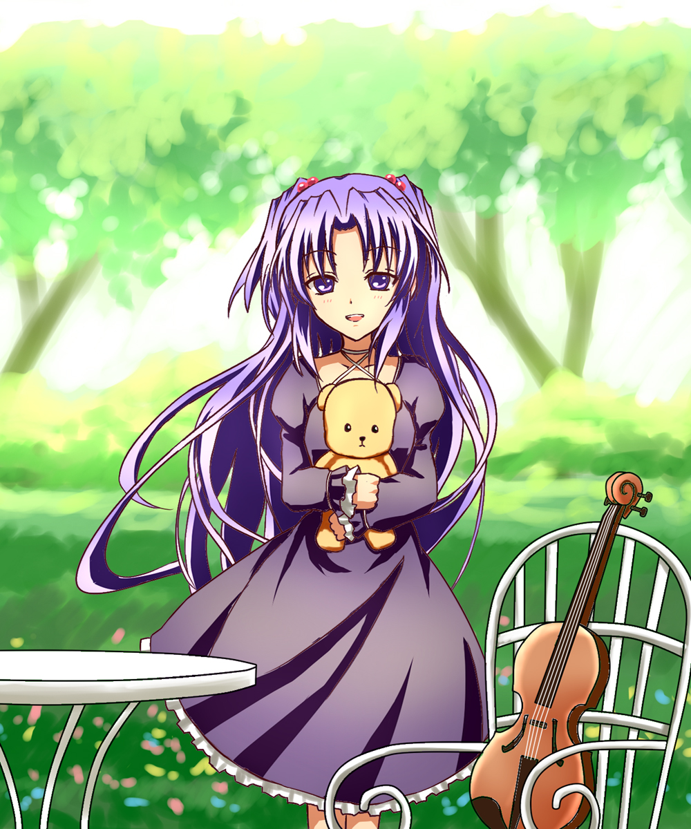 kuroi hitsuji, ichinose kotomi, clannad, bad id, bad pixiv id, highres, 00s, blue hair, dress, instrument, long hair, purple eyes, solo, stuffed animal, stuffed toy, teddy bear, twintails, two side up, violin