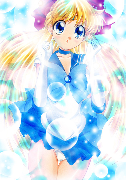 yadokari genpachirou, aino minako, sailor mercury, sailor venus, bishoujo senshi sailor moon, marker (medium), traditional media, 1girl, blonde hair, blue eyes, blue sailor collar, blue skirt, bow, bubble, choker, cosplay, earrings, elbow gloves, female focus, gloves, hair bow, jewelry, long hair, magical girl, panties, pantyshot, sailor, sailor collar, sailor mercury (cosplay), skirt, solo, tiara, underwear, upskirt, white gloves, white panties
