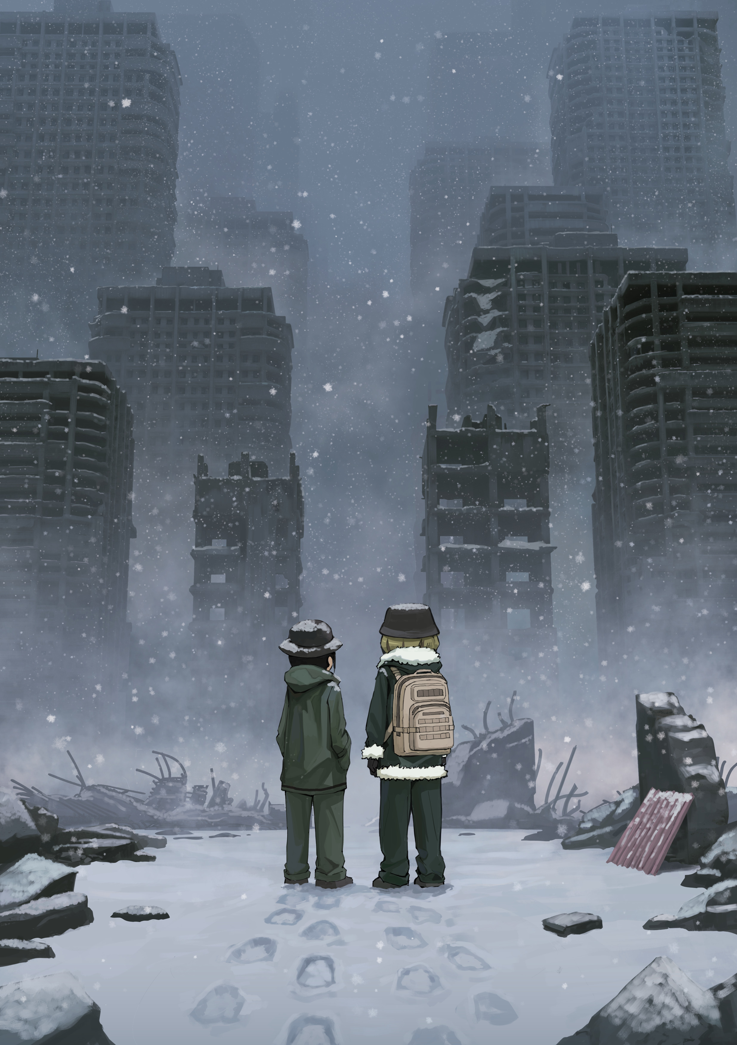 xiaomai yorik, chito (shoujo shuumatsu ryokou), yuuri (shoujo shuumatsu ryokou), shoujo shuumatsu ryokou, absurdres, commentary, hashtag-only commentary, highres, 2girls, backpack, bag, black hair, blonde hair, brodie helmet, building, coat, combat helmet, fog, footprints, from behind, fur trim, green coat, green pants, helmet, military uniform, multiple girls, pants, post-apocalypse, ruins, skyscraper, snow, stahlhelm, urban