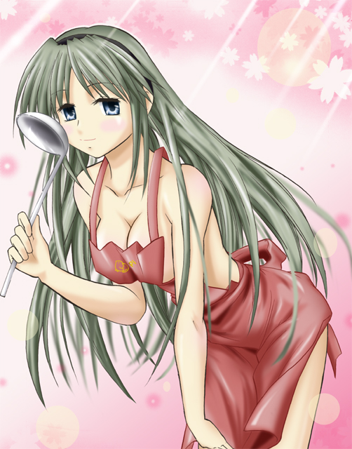 minamo, sakagami tomoyo, clannad, silver hair, 00s, 1girl, apron, blue eyes, blush, breasts, cleavage, female focus, hairband, headband, ladle, large breasts, long hair, naked apron, smile, solo