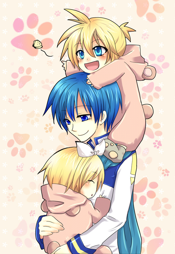 chirota, kagamine len, kagamine rin, kaito (vocaloid), vocaloid, bad id, bad pixiv id, 1girl, 2boys, aged down, blonde hair, blue eyes, blue scarf, bug, butterfly, child, fang, hair ribbon, holding, insect, multiple boys, ribbon, scarf, sleeping, smile