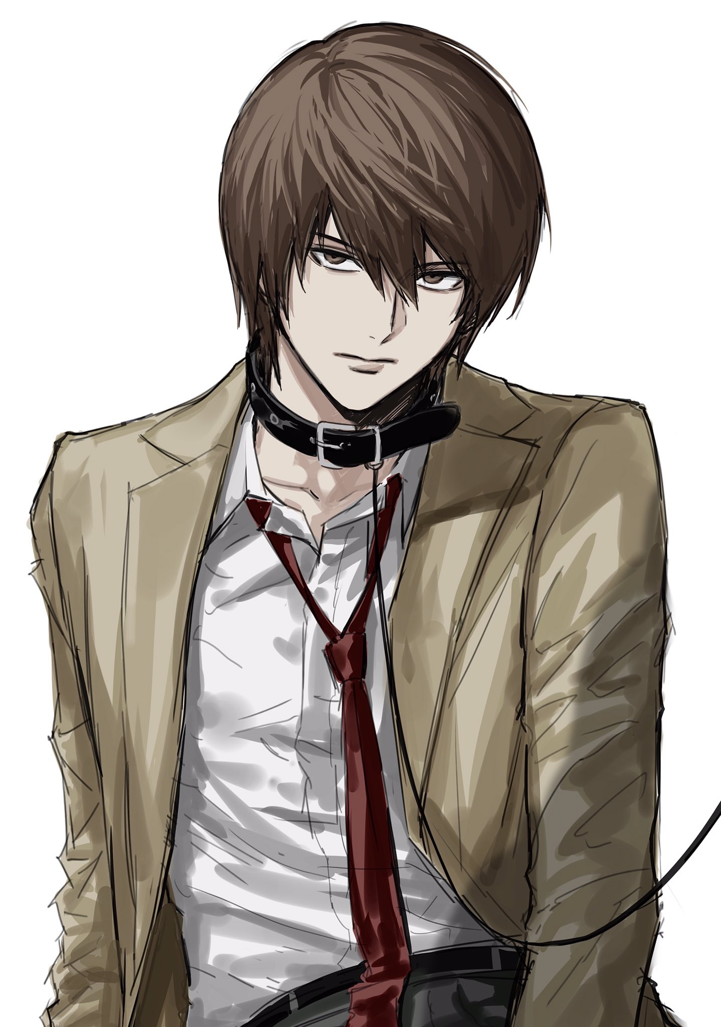 sso s, yagami light, death note, highres, 1boy, belt, black belt, brown eyes, brown hair, brown pants, collared shirt, hair between eyes, leash, looking at viewer, loose necktie, male focus, necktie, pants, red necktie, shirt, short hair, simple background, solo, white background, white shirt