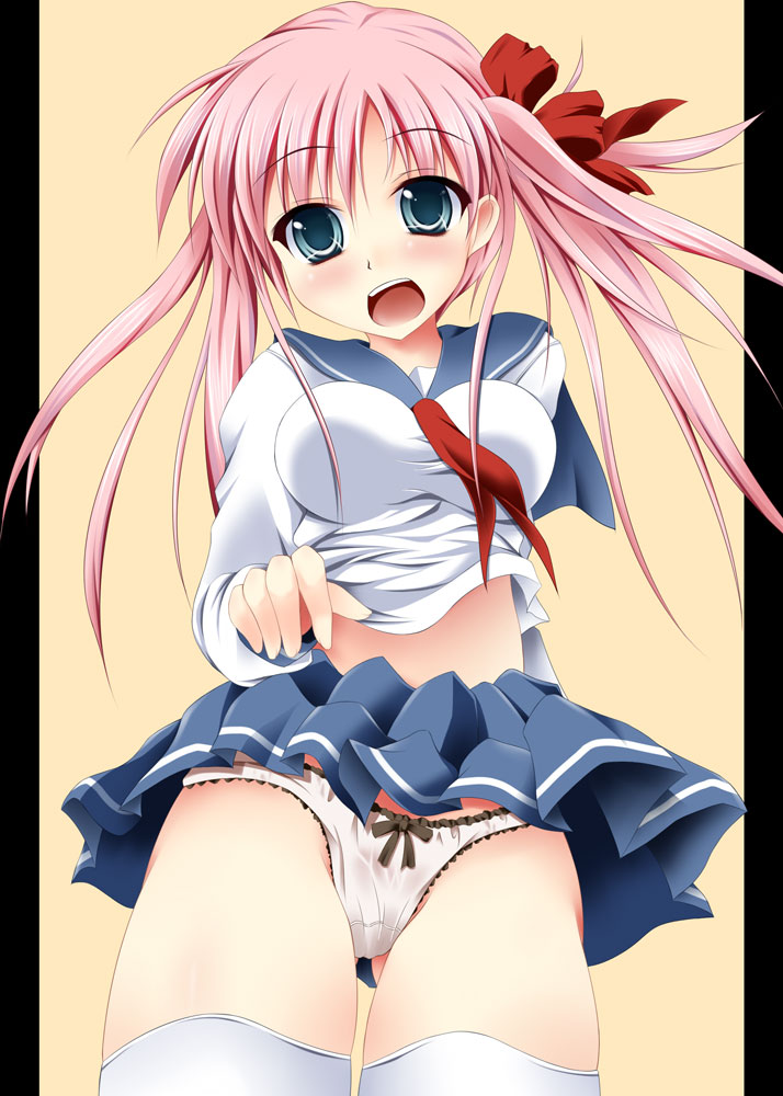 narumi (artist), narumi yuu (imitmoon), haramura nodoka, saki (manga), 00s, 1girl, bad anatomy, blue eyes, blush, bow, bow panties, breasts, female focus, hair bow, large breasts, long hair, panties, pantyshot, pink hair, poorly drawn, ribbon, school uniform, serafuku, skirt, solo, thighhighs, twintails, underwear, upskirt, wind, wind lift