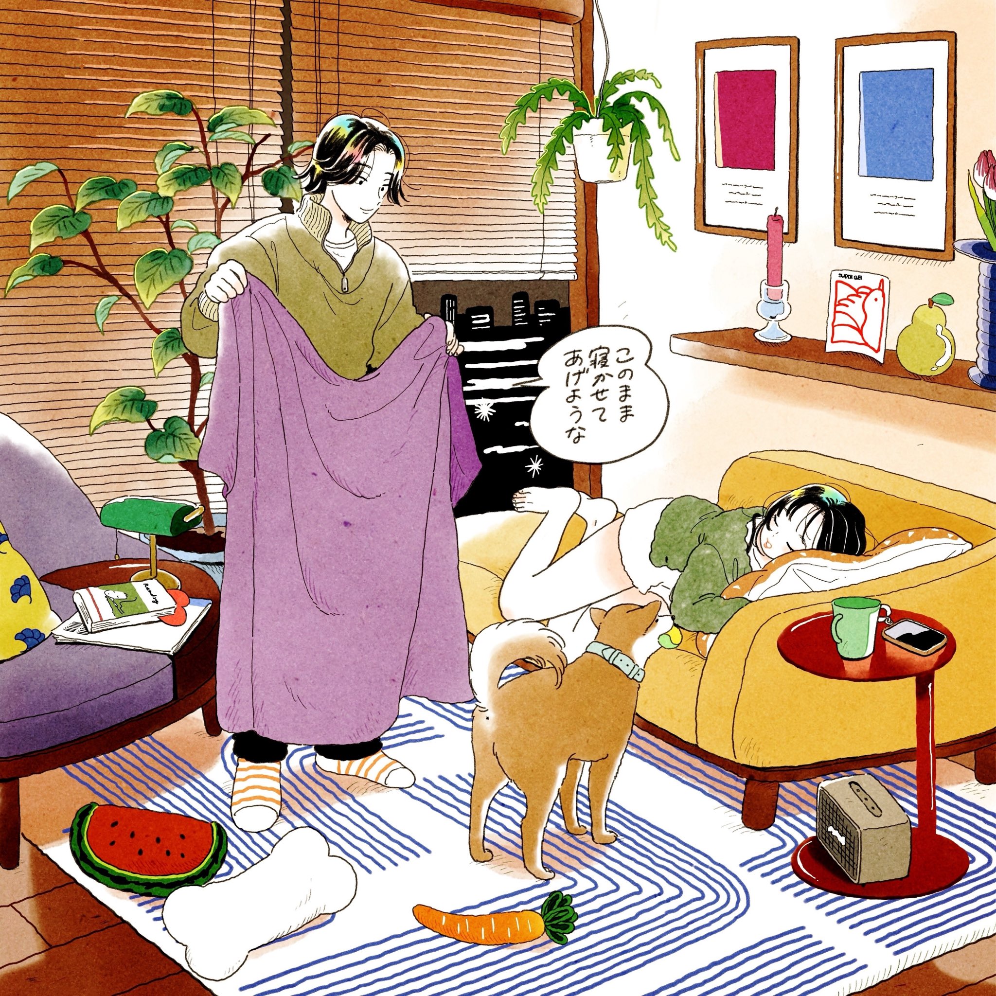 emamemamo33, original, commentary, highres, traditional media, 1boy, 1girl, apartment, ball in mouth, barefoot, black eyes, black hair, black pants, blanket, blush, book, candle, candlestand, cellphone, colored skin, couch, flower, food, fruit, full body, green sweater, hanging plant, holding, holding blanket, indoors, iridescent hair, lamp, long sleeves, night, on couch, pants, pear, phone, picture frame, pillow, plant, potted plant, purple blanket, rug, shiba inu, shirt, short hair, shorts, sleeping, slice of life, smartphone, socks, speaker, striped clothes, striped socks, stuffed carrot, stuffed toy, sweater, tulip, turtleneck, vase, white shorts, white skin, window blinds, wooden floor