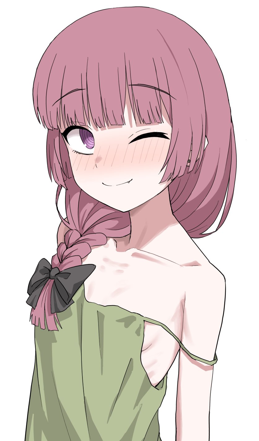 halulu, hiroi kikuri, bocchi the rock!, commentary, highres, 1girl, bare shoulders, blunt bangs, blush, braid, breasts, brown hair, closed mouth, collarbone, dress, fang, fang out, green dress, hair over shoulder, looking at viewer, medium hair, one eye closed, purple eyes, simple background, single braid, sleeveless, sleeveless dress, small breasts, smile, solo, spaghetti strap, strap slip, upper body, white background