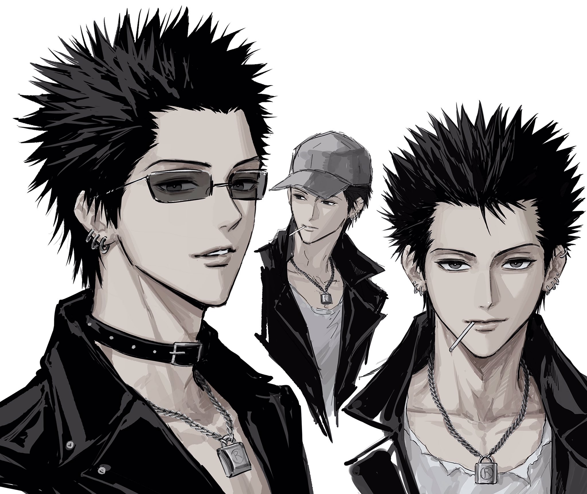 sso s, honjou ren, nana (series), highres, black choker, black hair, black jacket, capelet, choker, ear piercing, forehead, glasses, grey eyes, jacket, jewelry, lips, lollipop in mouth, looking at viewer, multiple piercings, multiple views, necklace, parted lips, piercing, rectangular eyewear, shirt, simple background, spiked hair, teeth, torn clothes, torn shirt, white background, white shirt