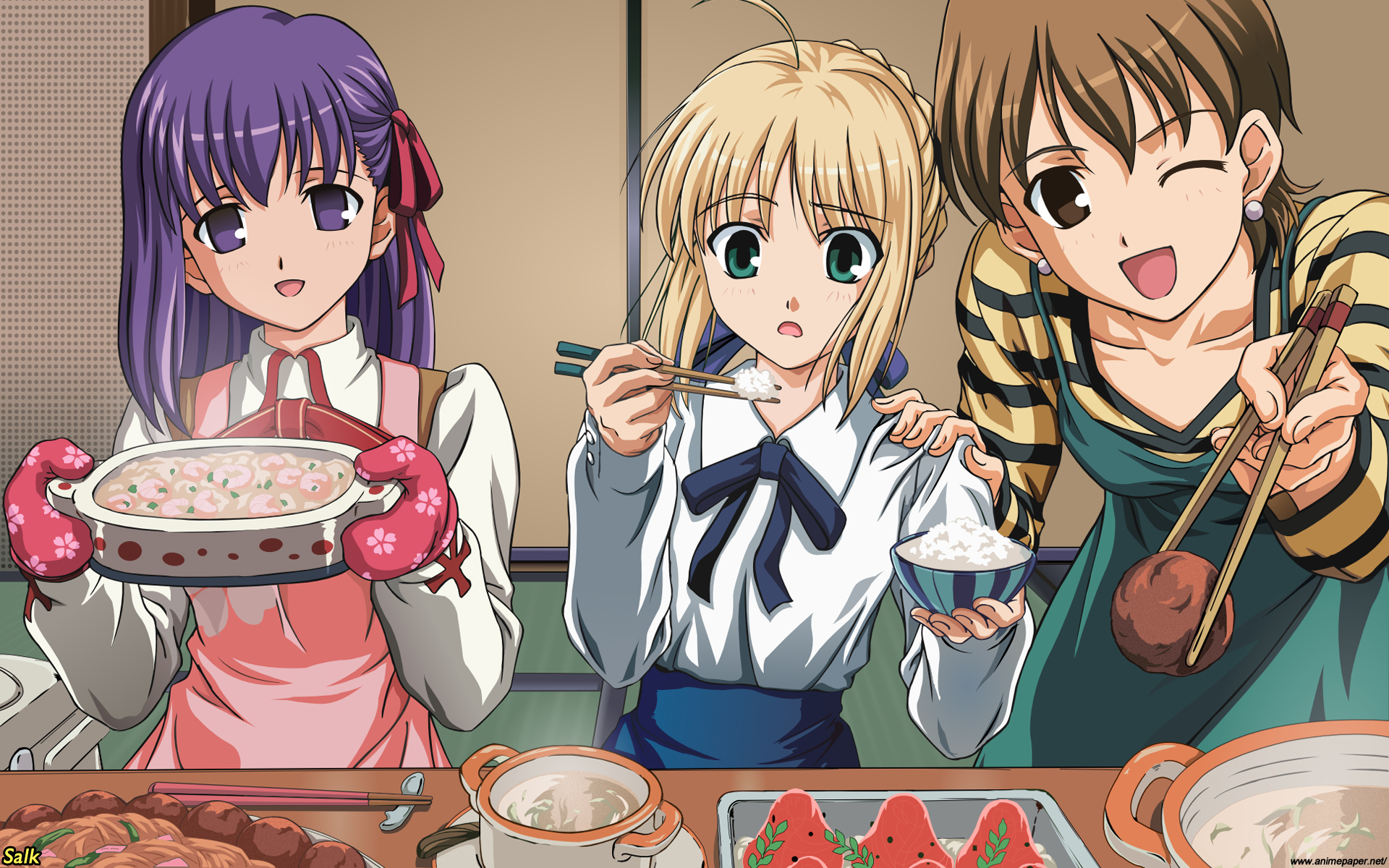 artoria pendragon (fate), fujimura taiga, matou sakura, saber (fate), fate/stay night, fate (series), pot, highres, 00s, 3girls, ahoge, blonde hair, blouse, bowl, brown eyes, brown hair, chopsticks, food, green eyes, long hair, multiple girls, one eye closed, oven mitts, purple eyes, purple hair, rice, rice bowl, shirt, watermark, wink