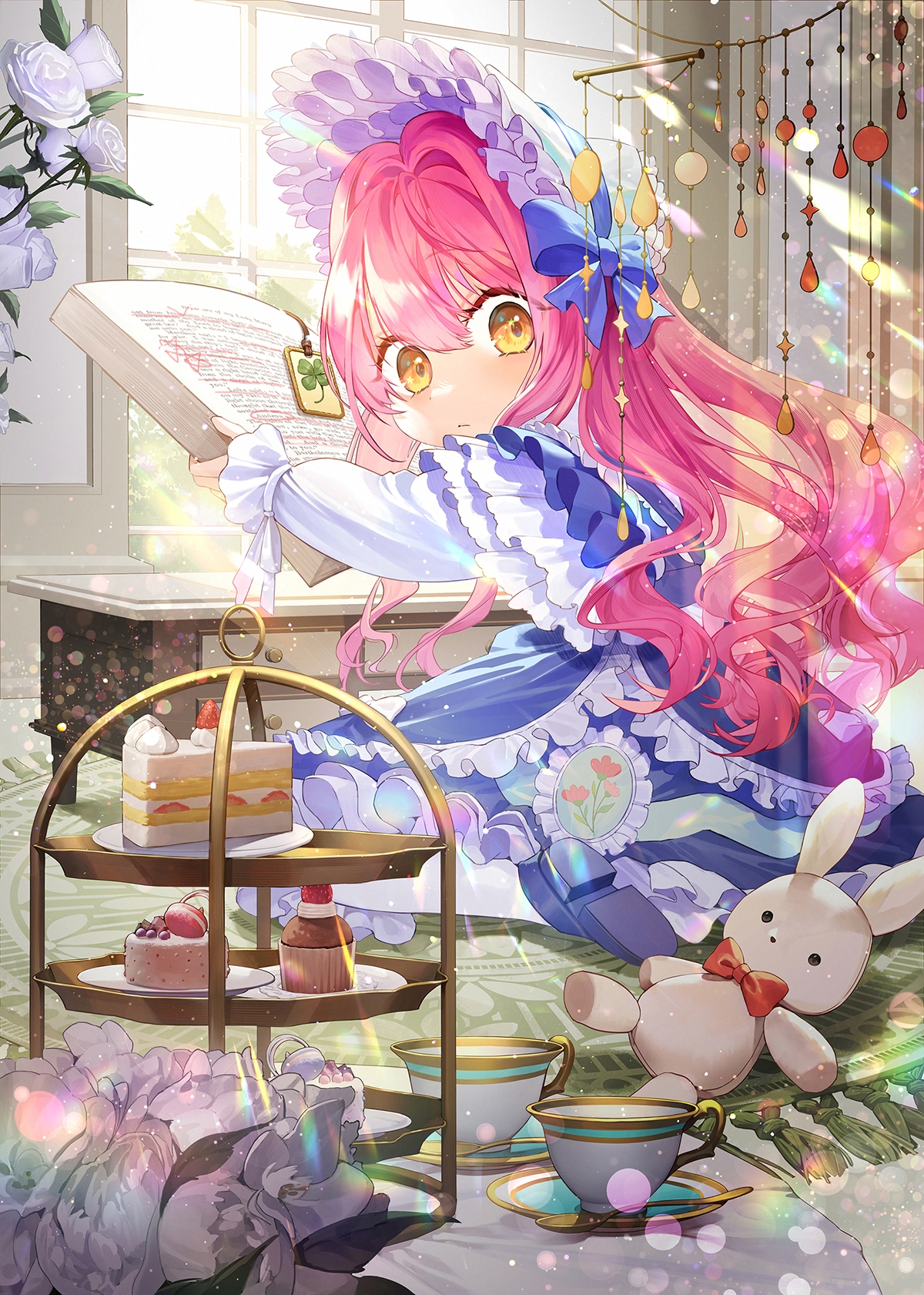 mt (ringofive), original, highres, 1girl, blue bow, blue dress, bonnet, book, bookmark, bow, cake, cake slice, clover, crack, cup, cupcake, day, dress, flower, food, four-leaf clover, frilled dress, frills, hair bow, indoors, long sleeves, mobile, open book, pink hair, rug, sitting, stuffed animal, stuffed rabbit, stuffed toy, teacup, tiered tray, wariza, white flower, window, yellow eyes