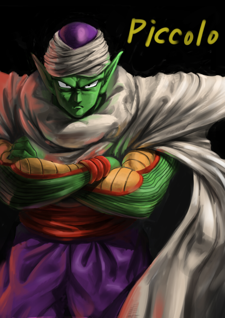 hibakari, piccolo, dragon ball, dragonball z, 1boy, cape, colored skin, crossed arms, frown, green skin, male focus, pointy ears, sash, solo, turban