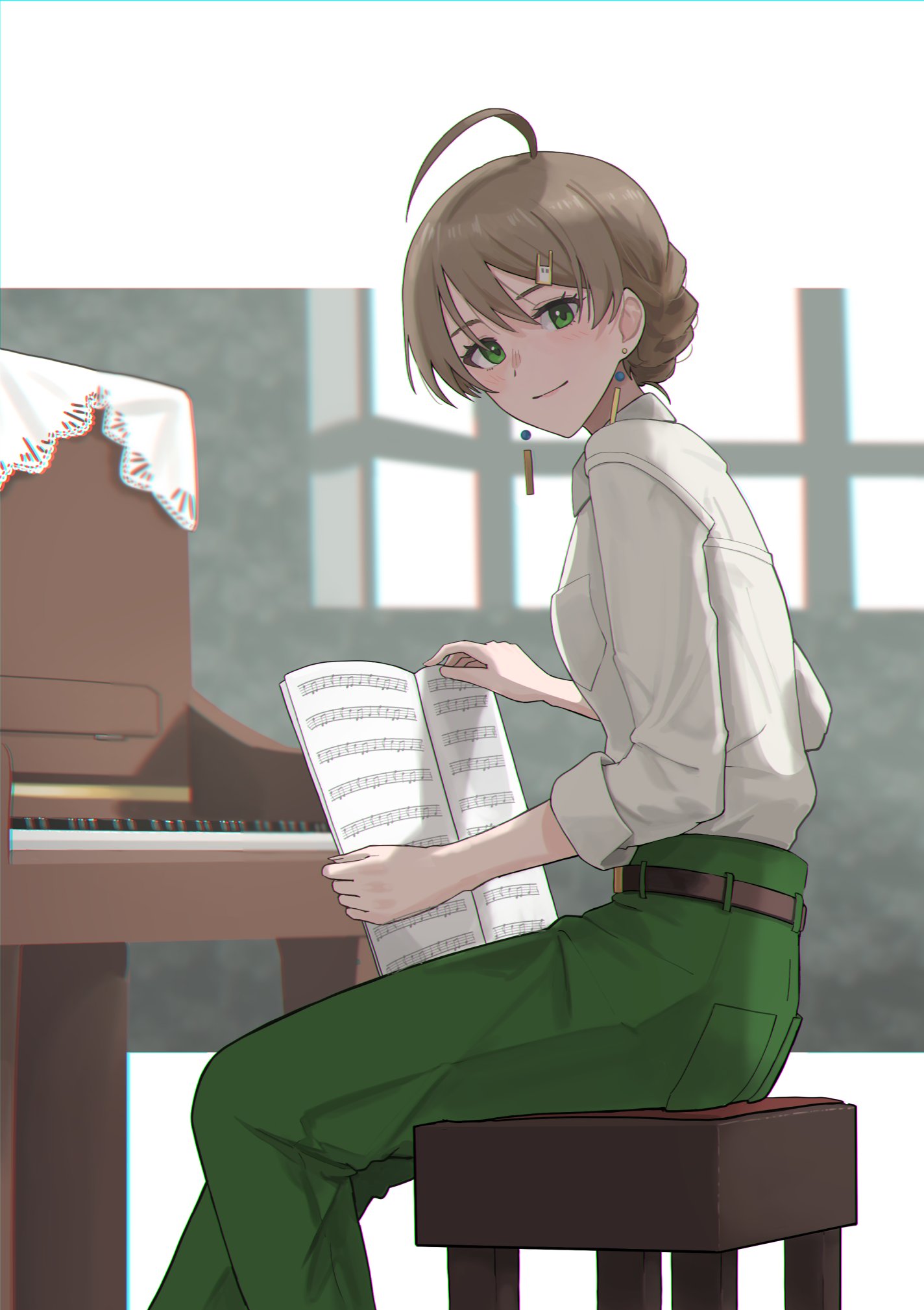 epitaph (1122), sakuramori kaori, idolmaster, idolmaster million live!, idolmaster million live! theater days, highres, 1girl, ahoge, belt, blunt bangs, blurry, blurry background, breast pocket, brown belt, brown hair, denim, depth of field, dress shirt, earrings, eyelashes, from side, green eyes, green pants, hair ornament, hairclip, holding, holding paper, instrument, jeans, jewelry, light blush, light smile, looking at viewer, looking back, lower lip only, nape braid, pants, paper, piano, piano bench, pocket, sheet music, shirt, sitting, sleeves rolled up, smile, solo, swept bangs, upright piano, white shirt, window