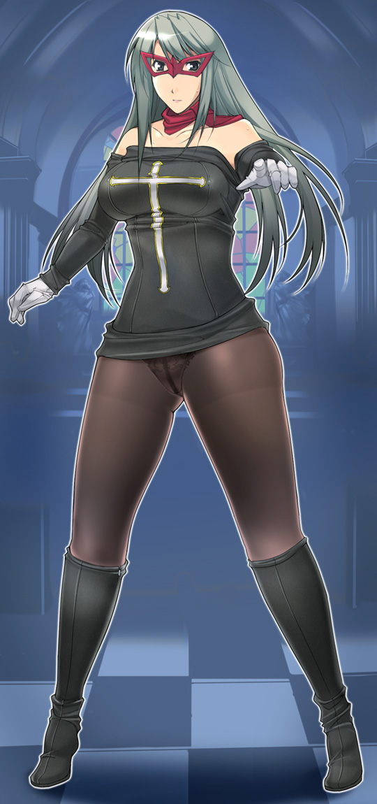 sasana, bad id, bad pixiv id, 1girl, bare shoulders, black panties, boots, breasts, cleavage, crotch seam, domino mask, eye mask, female focus, gloves, grey eyes, grey hair, large breasts, mask, miniskirt, panties, panties under pantyhose, pantyhose, pantyshot, skirt, solo, underwear