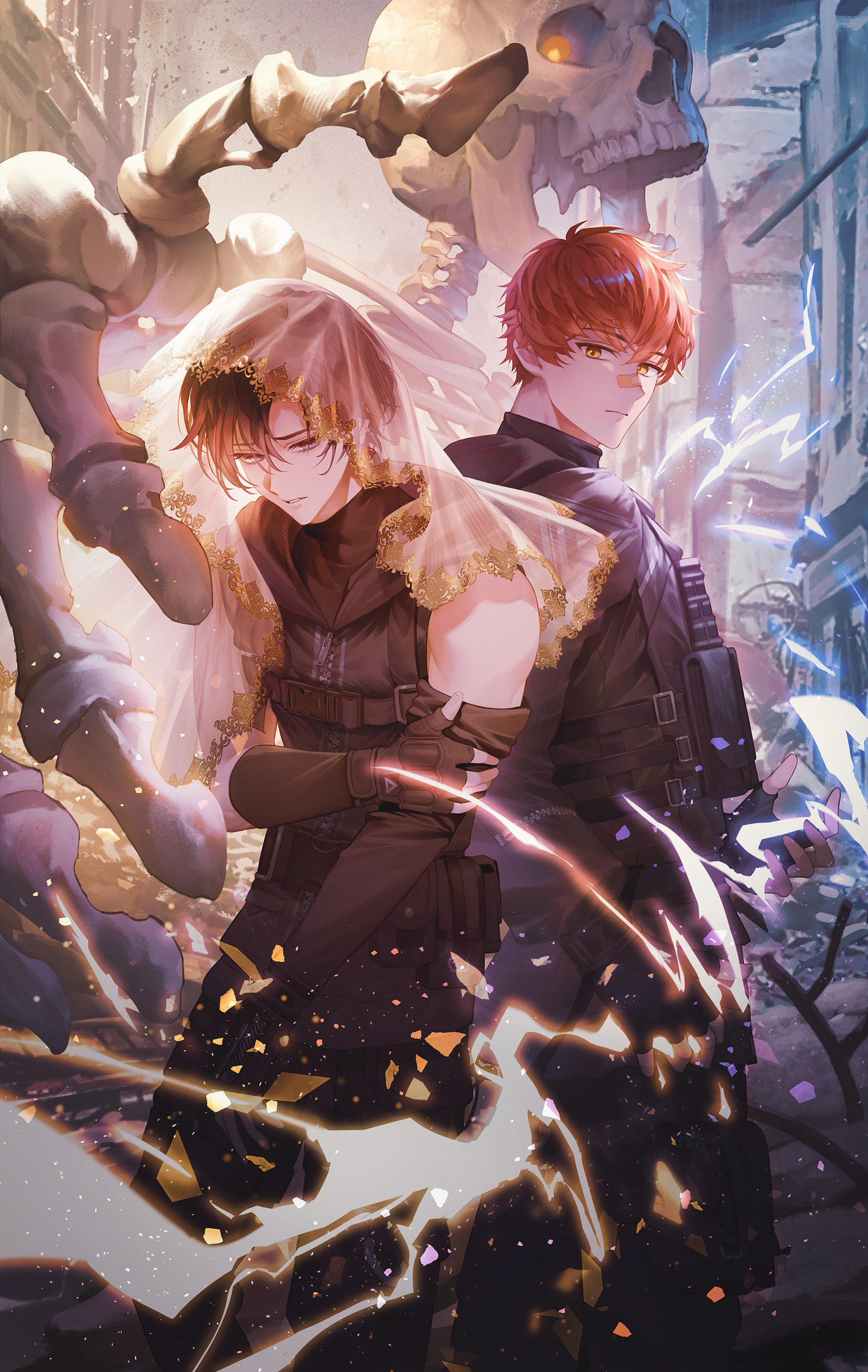 mt (ringofive), original, absurdres, highres, 2boys, back-to-back, bandaid, bandaid on face, bandaid on nose, black gloves, black hair, black shirt, electricity, fingerless gloves, gloves, hair between eyes, hand on own arm, male focus, multiple boys, outdoors, rebar, red hair, shirt, short hair, skeleton, standing, veil, yaoi, yellow eyes