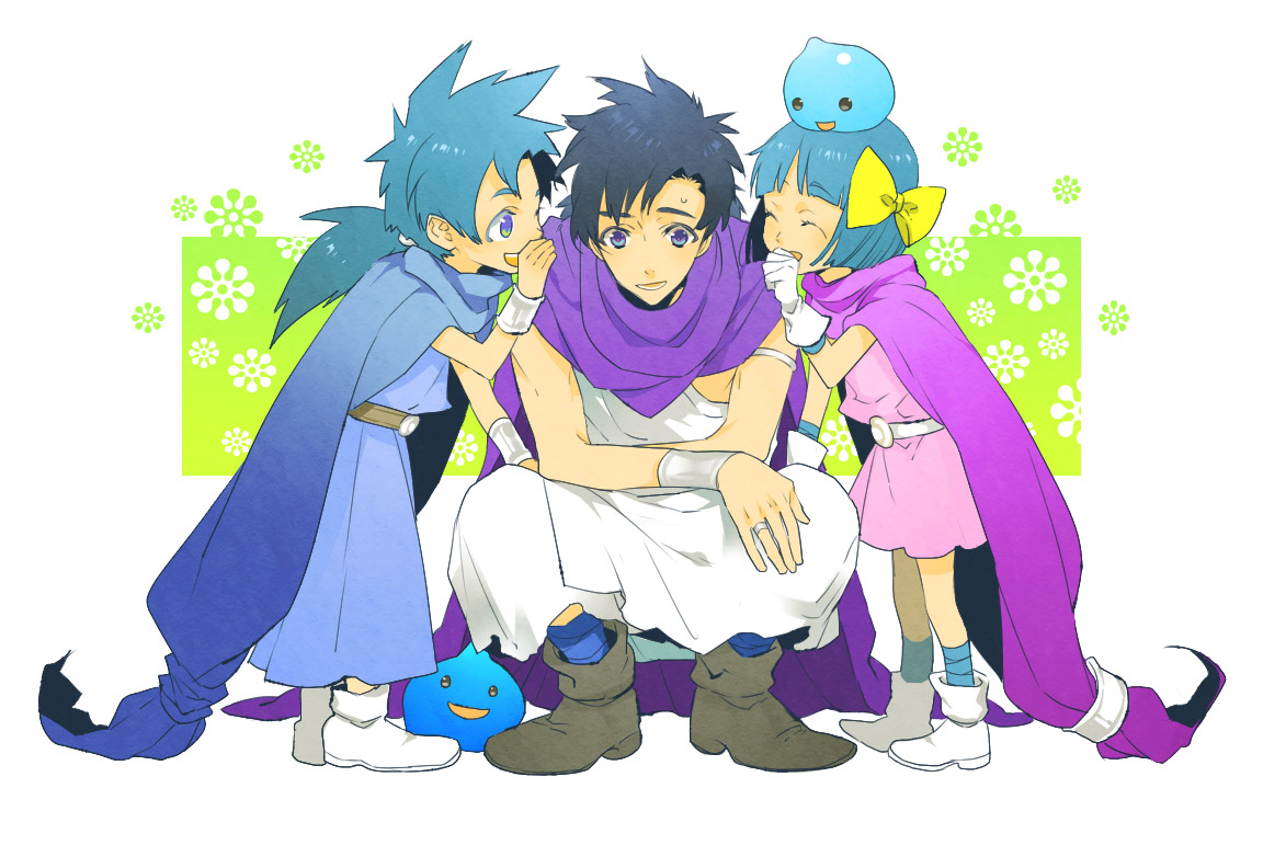clooo, hero's daughter (dq5), hero's son (dq5), hero (dq5), slime (dragon quest), dragon quest, dragon quest v, 1girl, 2boys, blue eyes, blue hair, bow, brother and sister, cape, child, family, father and daughter, father and son, hair bow, multiple boys, siblings, twins, whispering, yellow bow