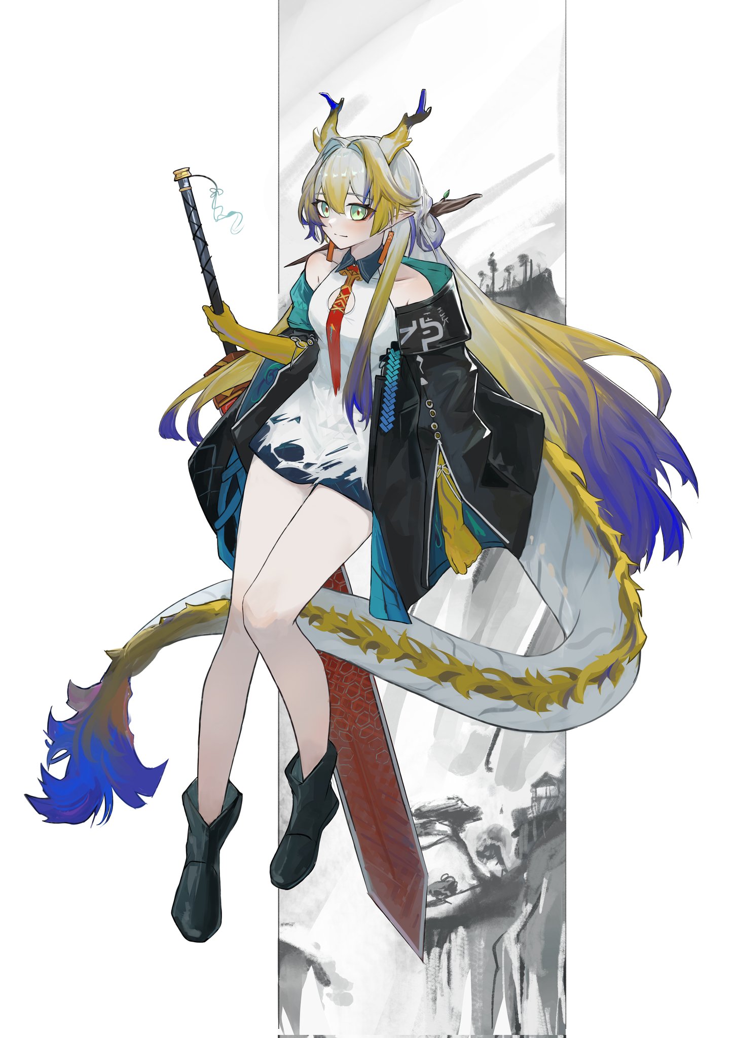 ikmaln300 (mal008), dusk (arknights), shu (arknights), arknights, hashtag-only commentary, highres, 1girl, ankle boots, bare shoulders, black boots, blonde hair, boots, cleavage cutout, closed mouth, clothing cutout, collared dress, colored extremities, contrast collar, cosplay, dragon girl, dragon horns, dragon tail, dress, dusk (arknights) (cosplay), earrings, full body, green eyes, grey hair, hair between eyes, hair intakes, holding, holding sword, holding weapon, horns, huge weapon, jewelry, knees together feet apart, light smile, long hair, multicolored hair, necktie, off shoulder, pointy ears, purple hair, red necktie, short dress, sleeveless, sleeveless dress, solo, sword, tail, very long hair, weapon, white dress