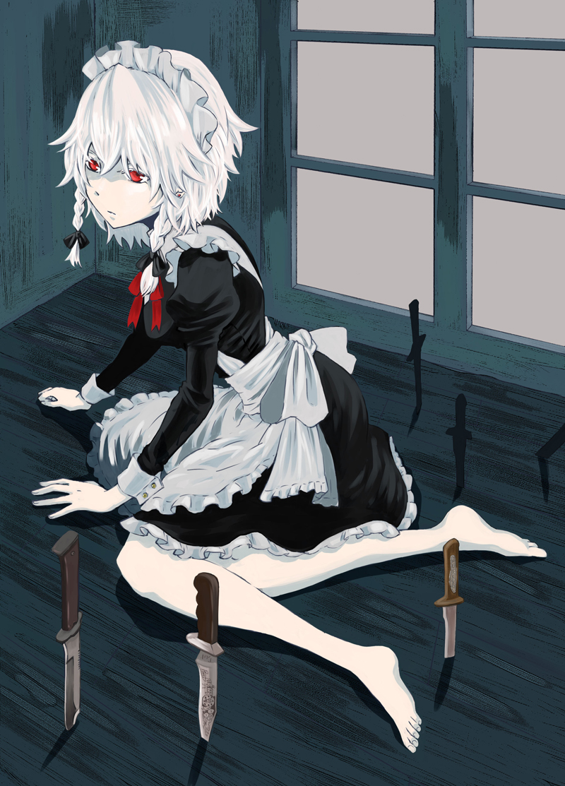 charin, izayoi sakuya, touhou, bad id, bad pixiv id, 1girl, barefoot, braid, feet, female focus, indoors, knife, maid, pale skin, red eyes, short hair, solo, twin braids, white hair, window