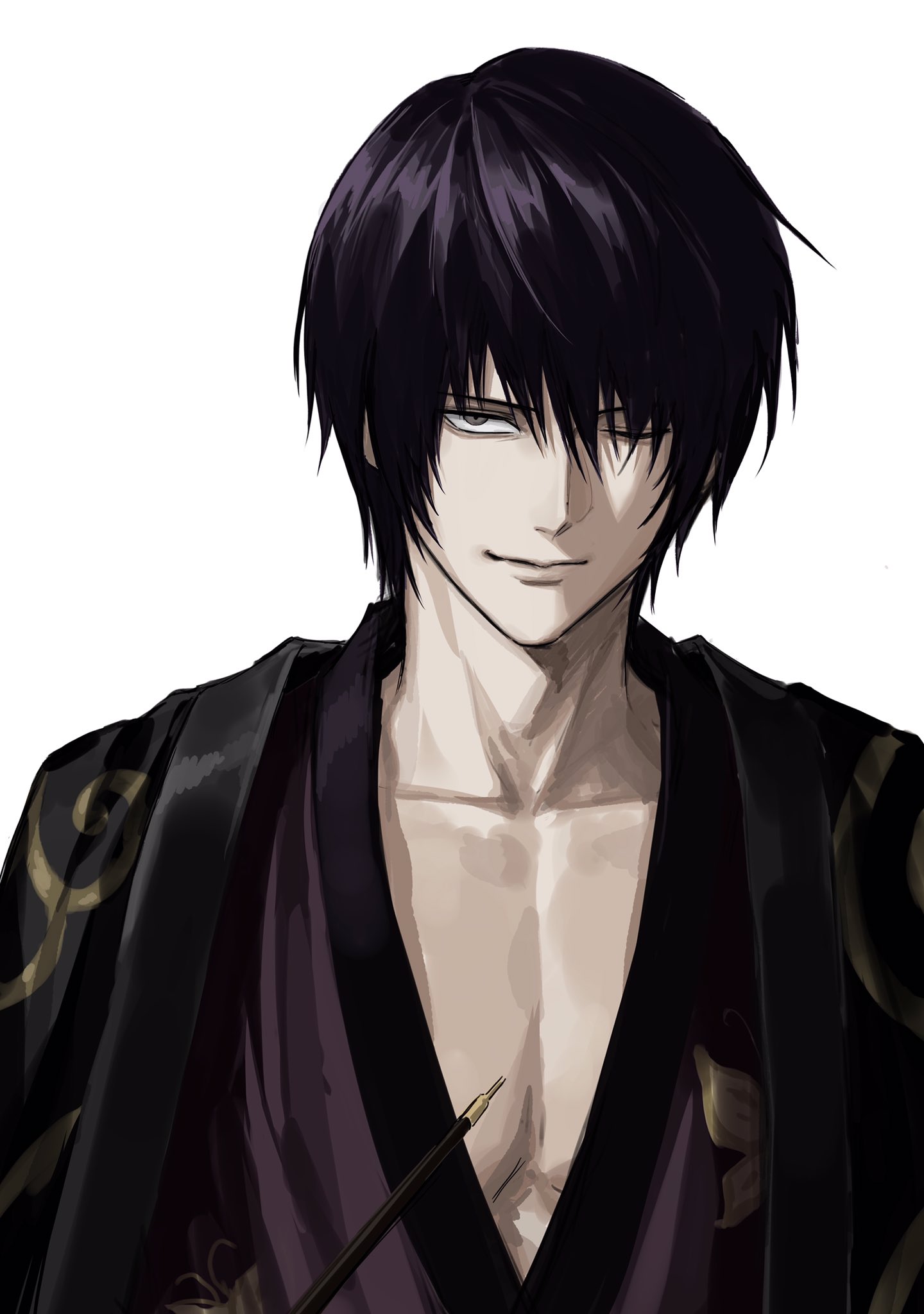 sso s, takasugi shinsuke, gintama, highres, 1boy, closed mouth, collarbone, grey eyes, holding, holding smoking pipe, japanese clothes, male focus, one eye closed, pectoral cleavage, pectorals, short hair, simple background, smoking pipe, solo, upper body, white background
